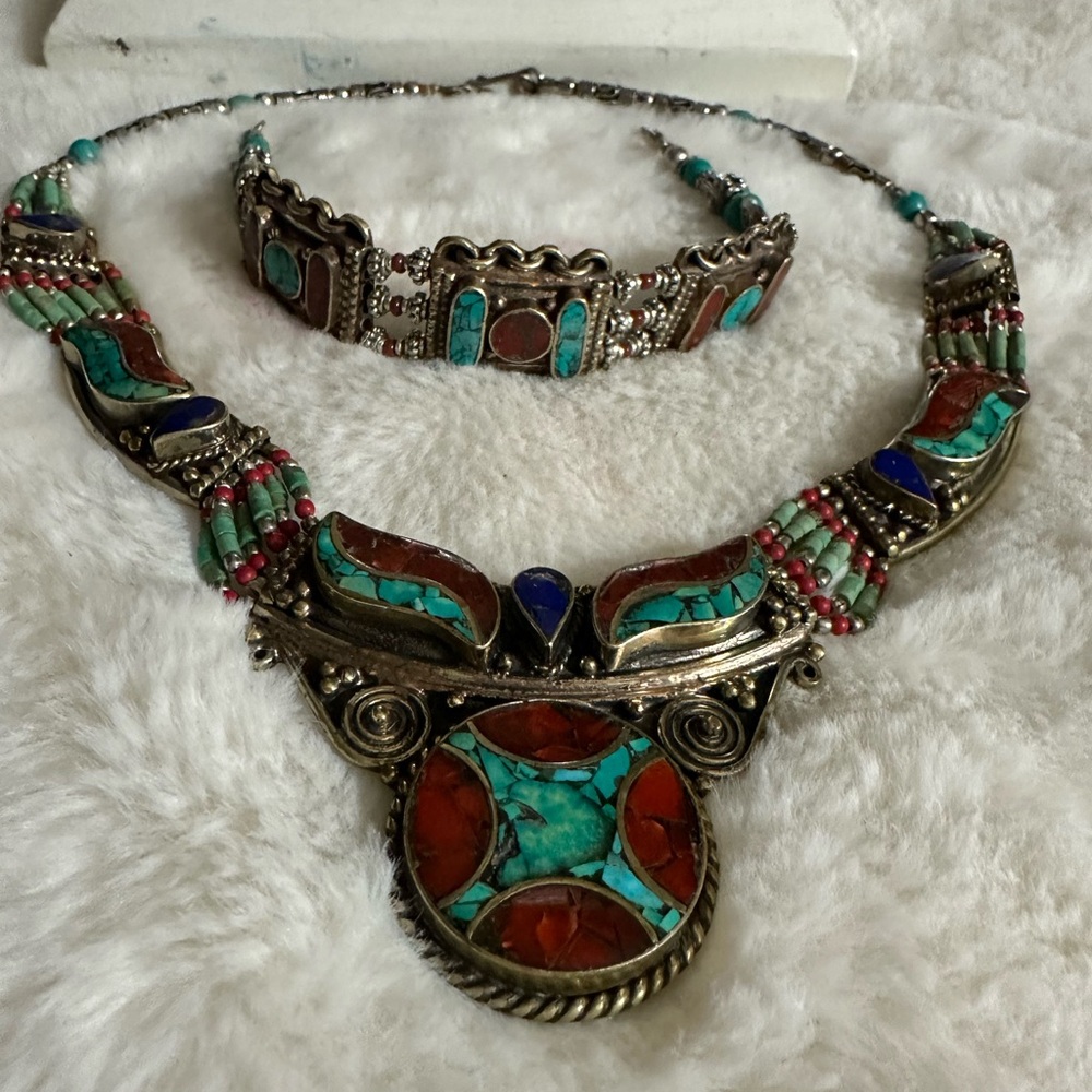 Turquoise & Coral Inlay Statement Necklace with Matching Bracelet